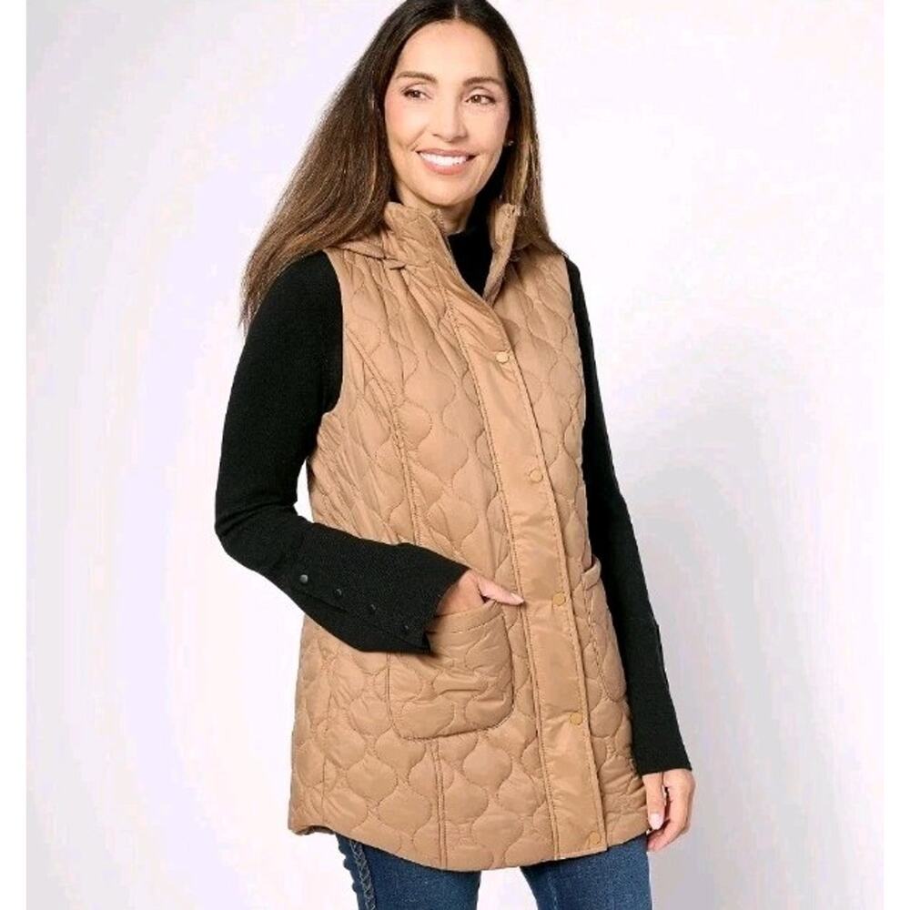 Susan Graver Weekend Water Repellant Nylon Quilted Vest w/Hood Camel 2X P